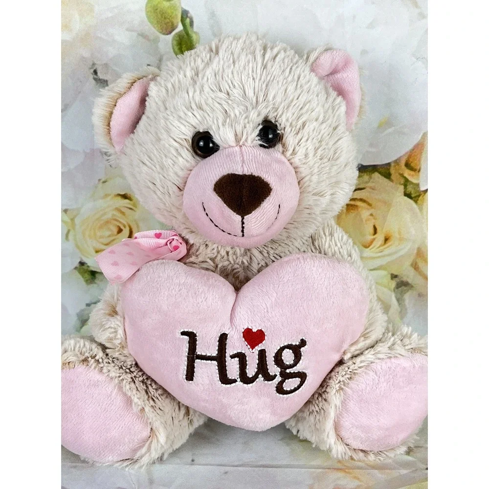 HUG Teddy Bear Plush Sitting Pink Heart Stuffed Animal Love Theme Ivory